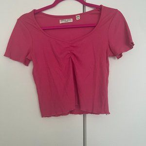 Pink Ruched Ruffle Hem V Neck Top